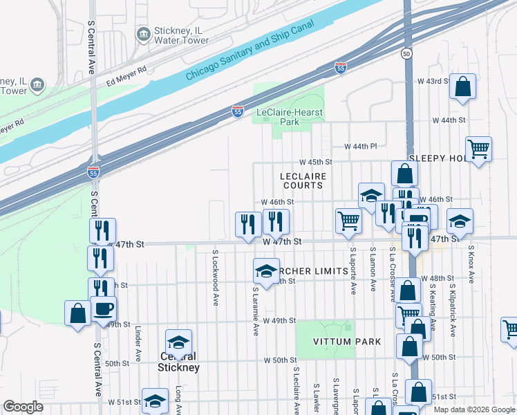 map of restaurants, bars, coffee shops, grocery stores, and more near 4555 South Laramie Avenue in Chicago