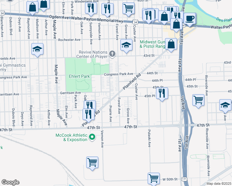 map of restaurants, bars, coffee shops, grocery stores, and more near 4424 Forest Avenue in Brookfield