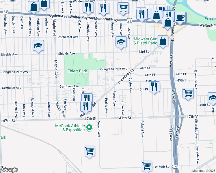 map of restaurants, bars, coffee shops, grocery stores, and more near 4424 Forest Avenue in Brookfield