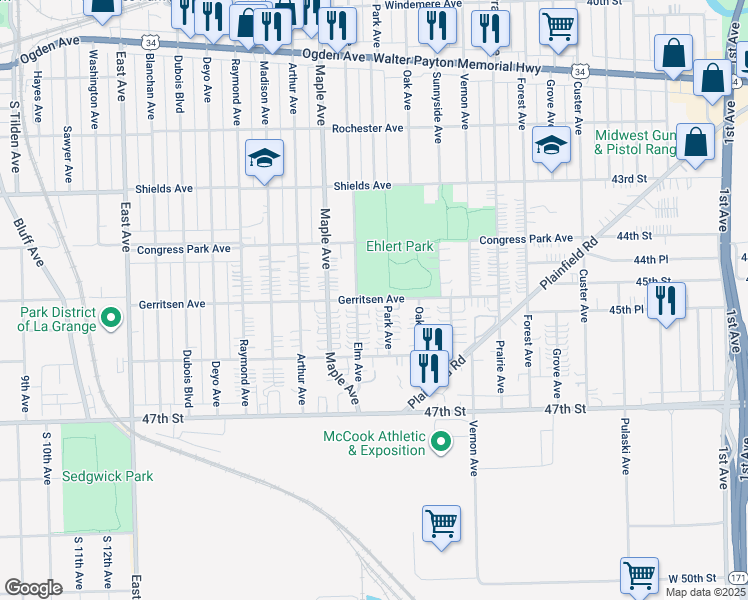 map of restaurants, bars, coffee shops, grocery stores, and more near 4432 Park Avenue in Brookfield