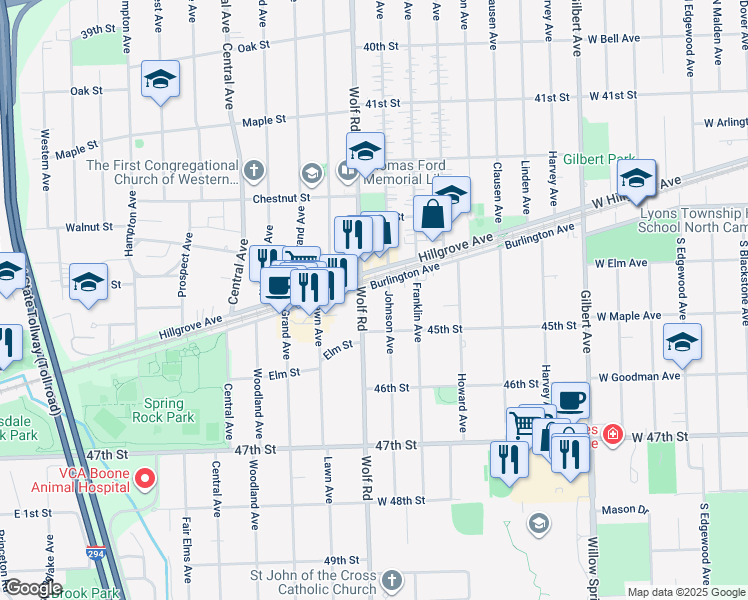 map of restaurants, bars, coffee shops, grocery stores, and more near 4441 Wolf Road in Western Springs