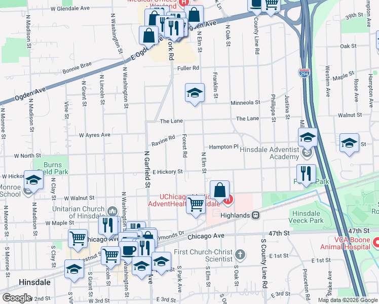 map of restaurants, bars, coffee shops, grocery stores, and more near 345 Forest Road in Hinsdale