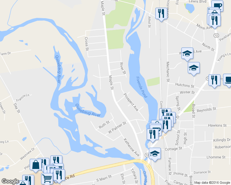 map of restaurants, bars, coffee shops, grocery stores, and more near 214 Maple Street in Killingly