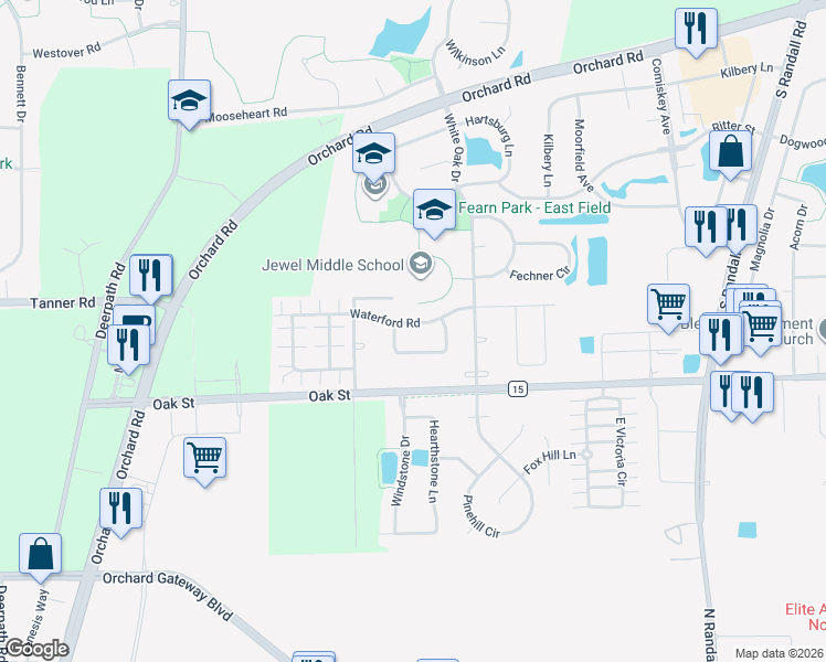 map of restaurants, bars, coffee shops, grocery stores, and more near 1516 Waterford Road in North Aurora