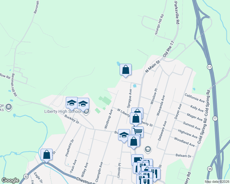map of restaurants, bars, coffee shops, grocery stores, and more near 131 Winthrop Avenue in Liberty