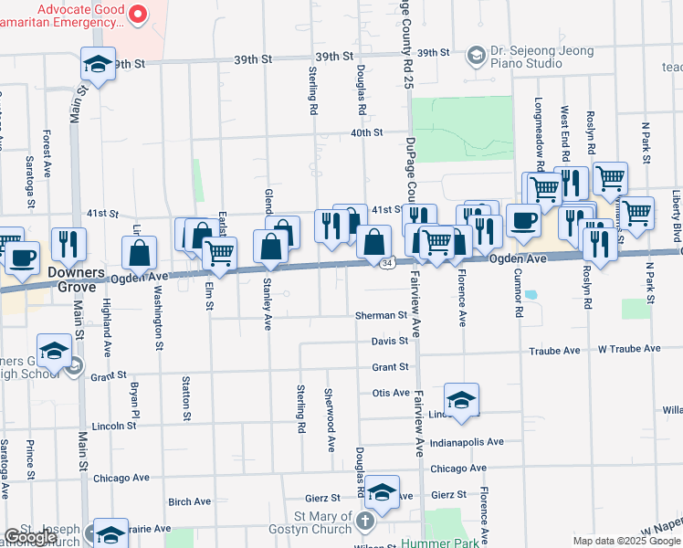map of restaurants, bars, coffee shops, grocery stores, and more near 522 U.S. 34 in Downers Grove