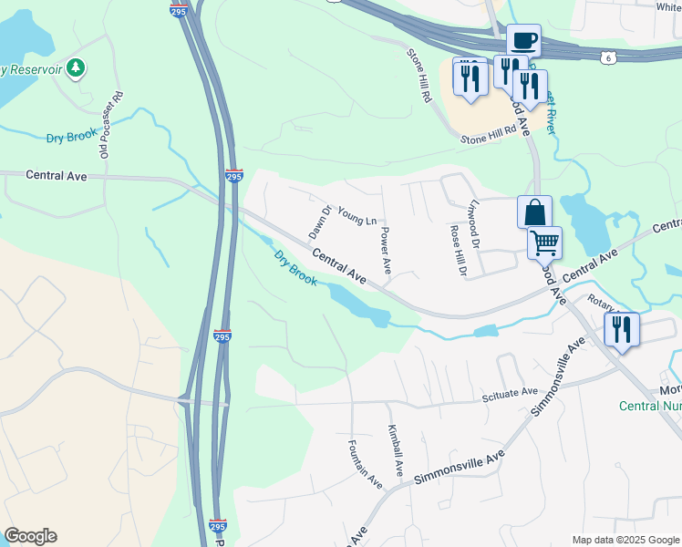map of restaurants, bars, coffee shops, grocery stores, and more near 579 Central Avenue in Johnston
