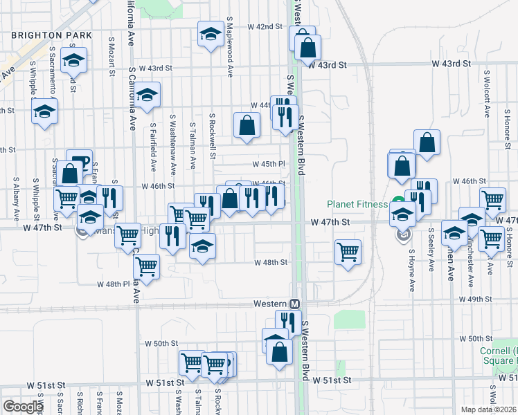 map of restaurants, bars, coffee shops, grocery stores, and more near 2453 West 46th Place in Chicago