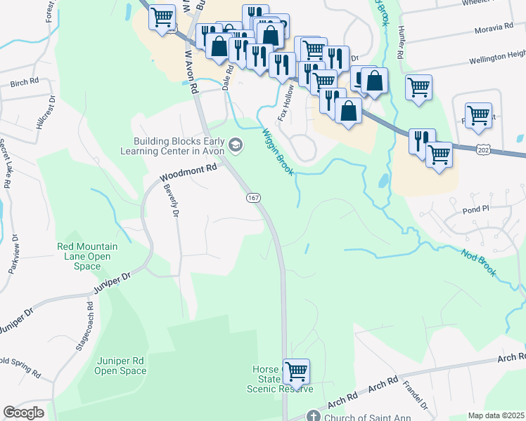 map of restaurants, bars, coffee shops, grocery stores, and more near 116 West Avon Road in Avon