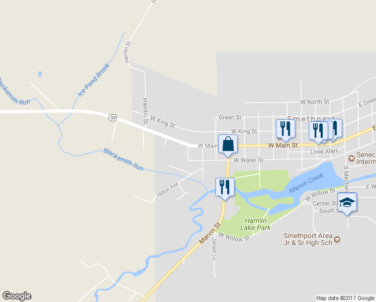 map of restaurants, bars, coffee shops, grocery stores, and more near High Street in Smethport