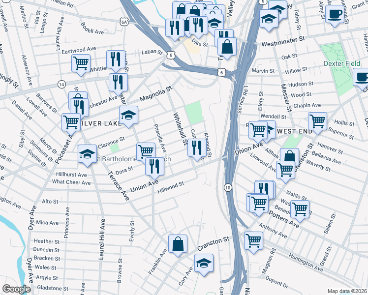 map of restaurants, bars, coffee shops, grocery stores, and more near 49 Dora Street in Providence