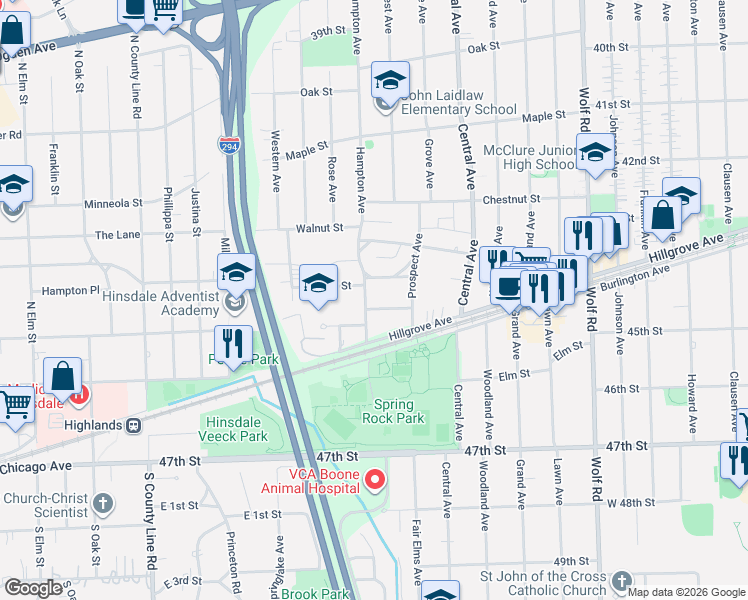 map of restaurants, bars, coffee shops, grocery stores, and more near 1321 Reid Street in Western Springs