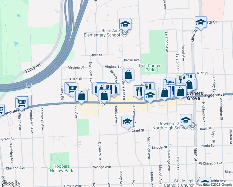 map of restaurants, bars, coffee shops, grocery stores, and more near 1447 Janet Street in Downers Grove