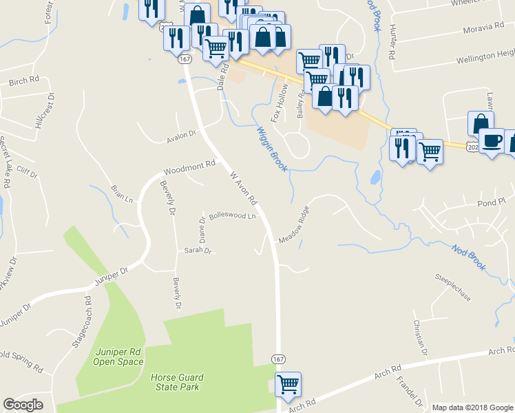map of restaurants, bars, coffee shops, grocery stores, and more near 116 West Avon Road in Avon