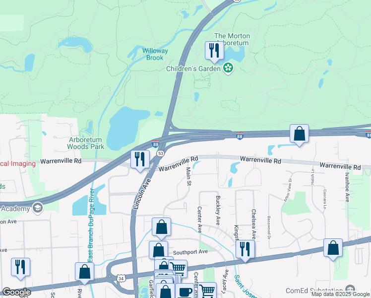 map of restaurants, bars, coffee shops, grocery stores, and more near 850 Warrenville Road in Lisle