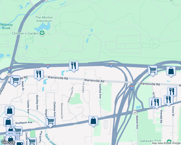 map of restaurants, bars, coffee shops, grocery stores, and more near 450 Warrenville Road in Lisle