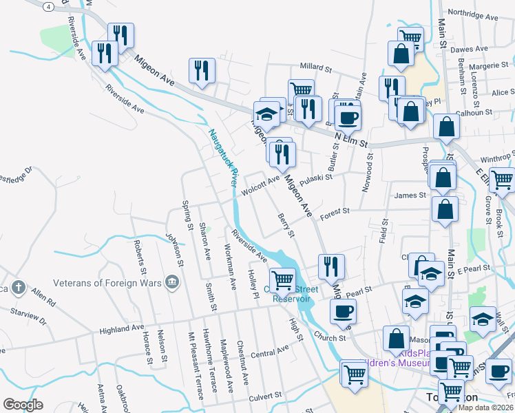 map of restaurants, bars, coffee shops, grocery stores, and more near 76 Woodbine Street in Torrington