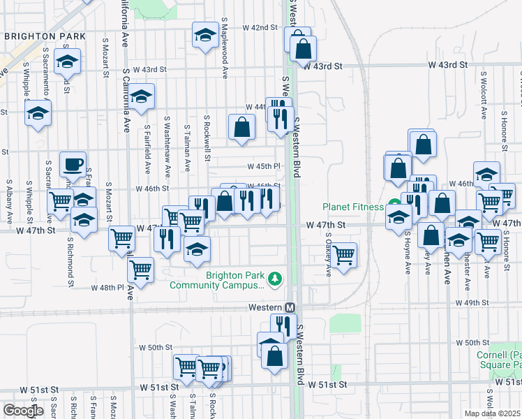map of restaurants, bars, coffee shops, grocery stores, and more near 2420 West 46th Place in Chicago