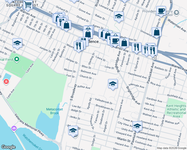 map of restaurants, bars, coffee shops, grocery stores, and more near 69 Belmont Avenue in East Providence