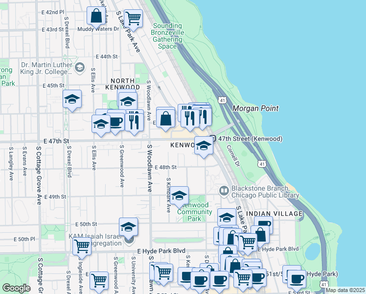map of restaurants, bars, coffee shops, grocery stores, and more near 1340 East 47th Street in Chicago