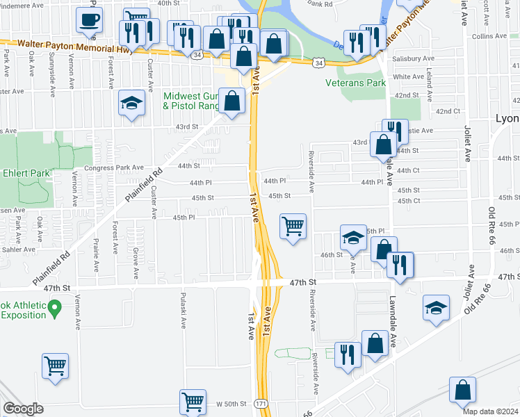 map of restaurants, bars, coffee shops, grocery stores, and more near 1st Avenue in Cook County