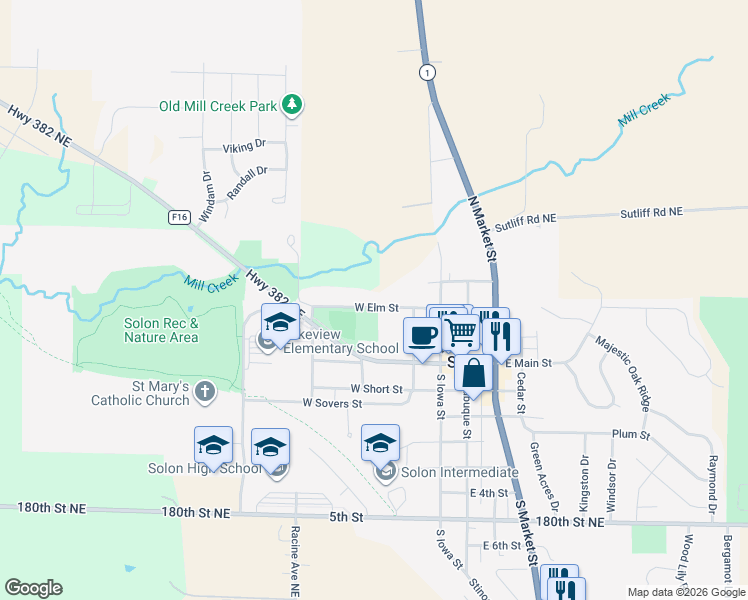 map of restaurants, bars, coffee shops, grocery stores, and more near 400 West Elm Street in Solon