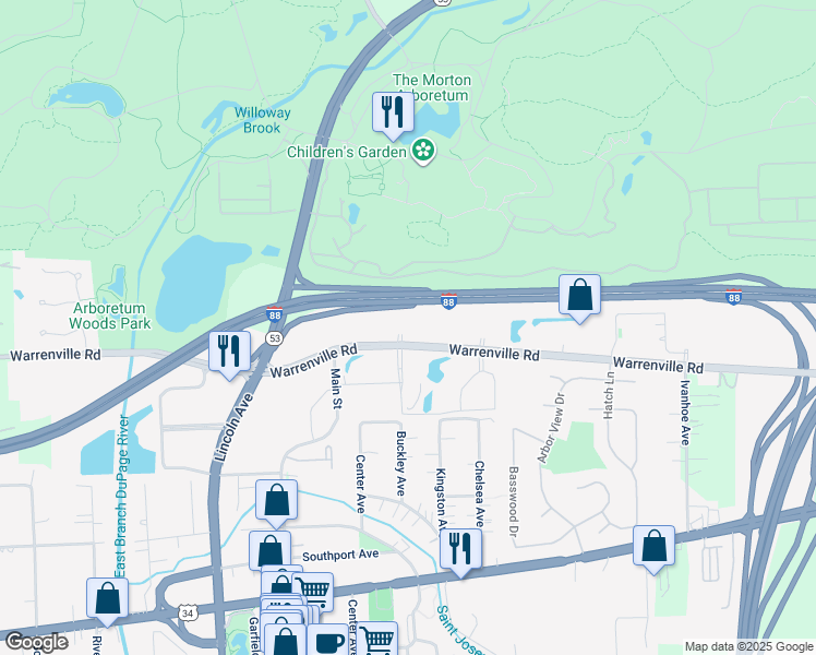 map of restaurants, bars, coffee shops, grocery stores, and more near 850 Warrenville Road in Lisle