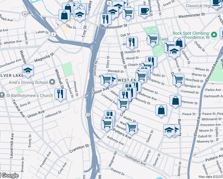 map of restaurants, bars, coffee shops, grocery stores, and more near 59 Union Avenue in Providence