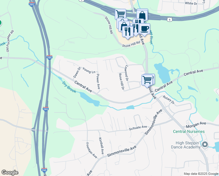 map of restaurants, bars, coffee shops, grocery stores, and more near 7 Earl Drive in Johnston