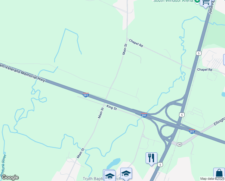 map of restaurants, bars, coffee shops, grocery stores, and more near 369 Main Street in South Windsor