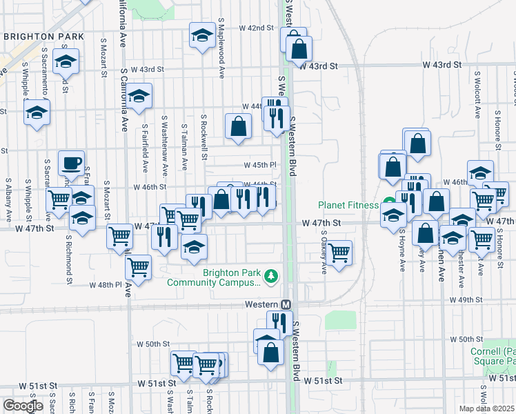 map of restaurants, bars, coffee shops, grocery stores, and more near 2420 West 46th Place in Chicago