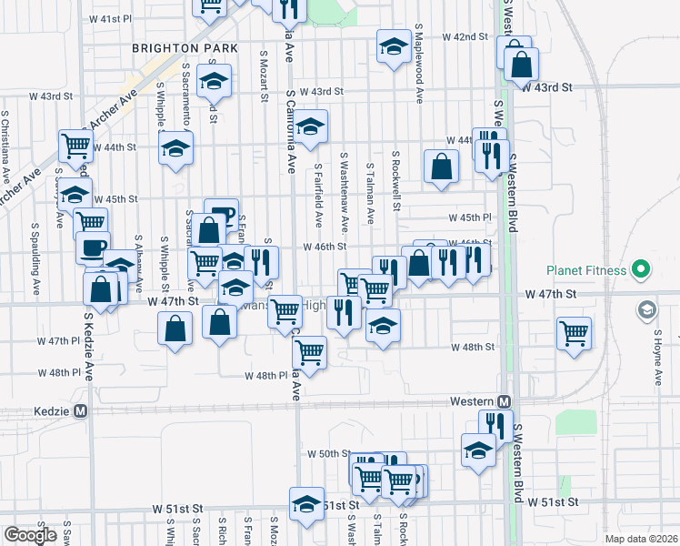 map of restaurants, bars, coffee shops, grocery stores, and more near 4619 South Washtenaw Avenue in Chicago