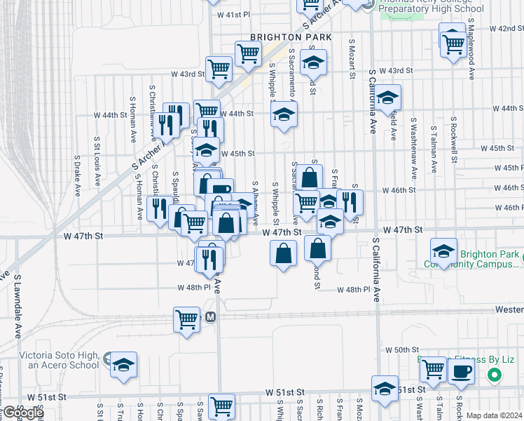 map of restaurants, bars, coffee shops, grocery stores, and more near 4614 South Whipple Street in Chicago