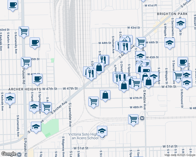 map of restaurants, bars, coffee shops, grocery stores, and more near 4615 South Saint Louis Avenue in Chicago