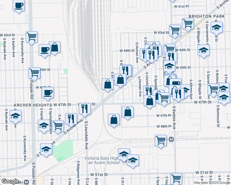 map of restaurants, bars, coffee shops, grocery stores, and more near 4516 South Drake Avenue in Chicago