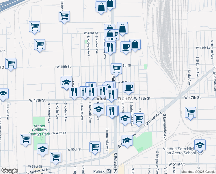 map of restaurants, bars, coffee shops, grocery stores, and more near 4603 South Komensky Avenue in Chicago