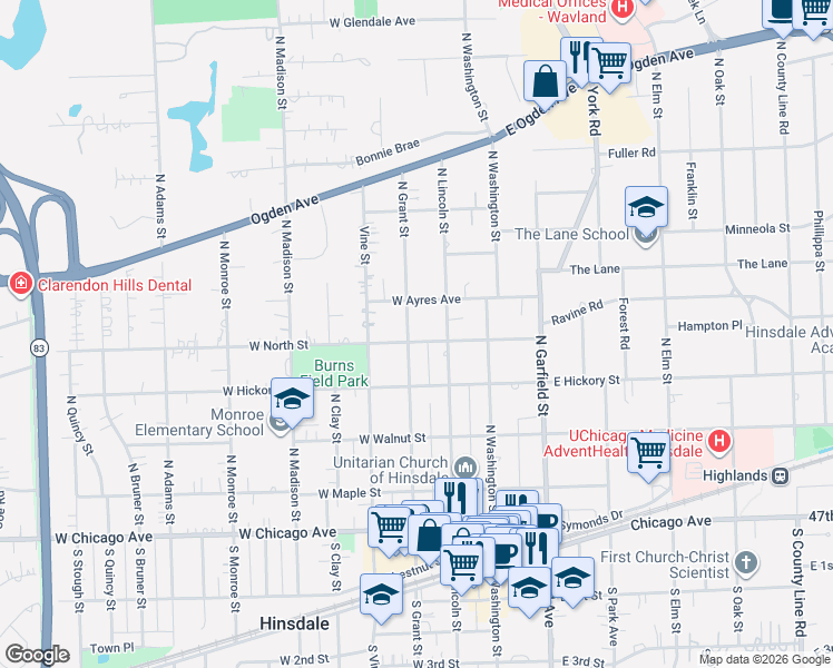 map of restaurants, bars, coffee shops, grocery stores, and more near 414 North Grant Street in Hinsdale