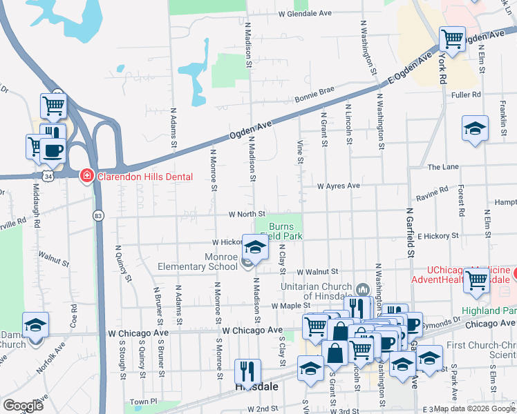 map of restaurants, bars, coffee shops, grocery stores, and more near 416 North Madison Street in Hinsdale