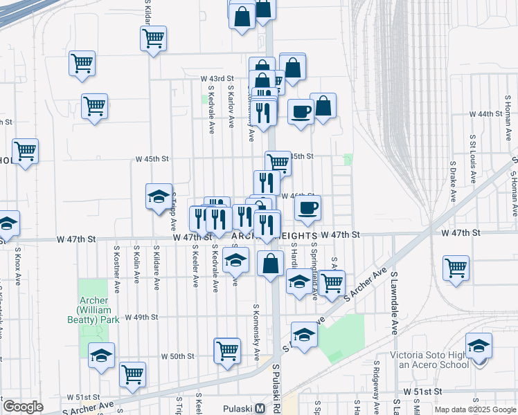map of restaurants, bars, coffee shops, grocery stores, and more near 4603 South Komensky Avenue in Chicago