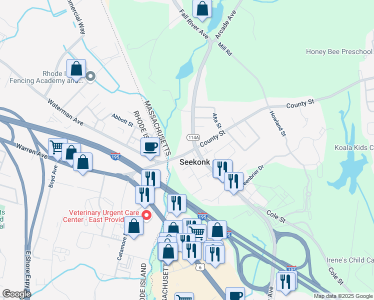 map of restaurants, bars, coffee shops, grocery stores, and more near 625 Fall River Avenue in Seekonk