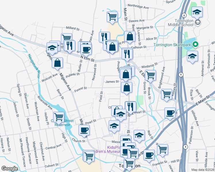 map of restaurants, bars, coffee shops, grocery stores, and more near 87 James Street in Torrington
