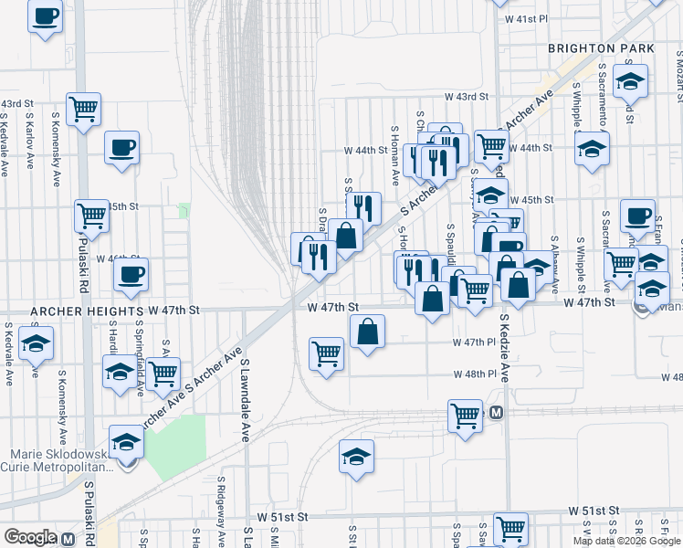 map of restaurants, bars, coffee shops, grocery stores, and more near 4615 South Saint Louis Avenue in Chicago