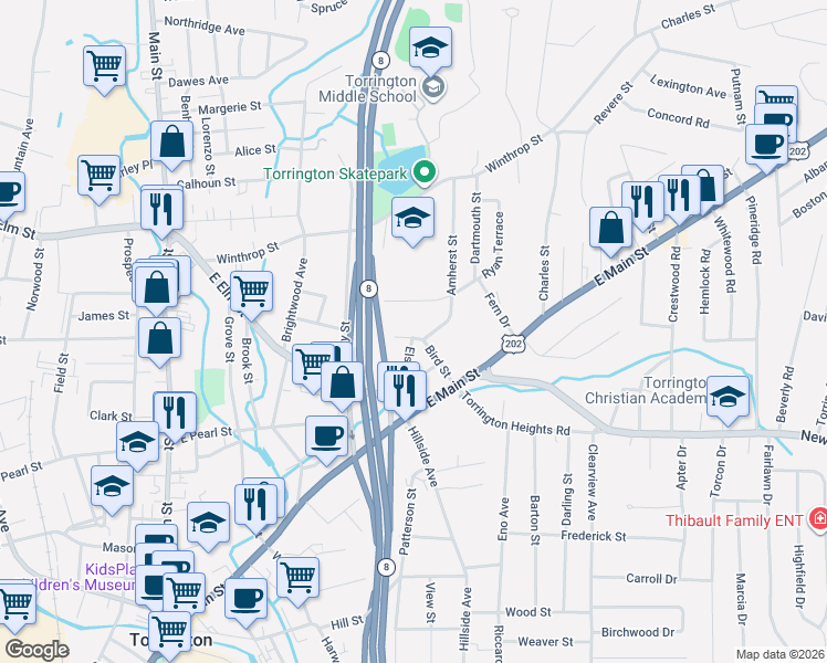 map of restaurants, bars, coffee shops, grocery stores, and more near 86 Bird Street in Torrington