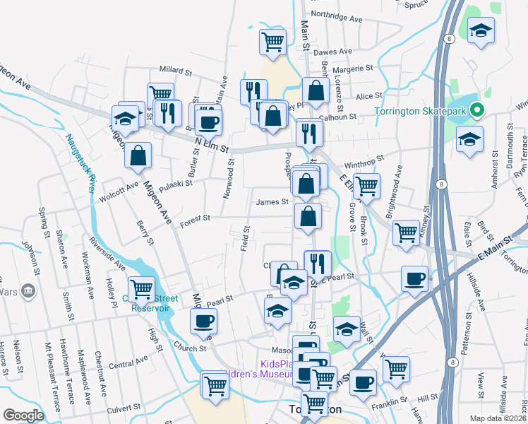map of restaurants, bars, coffee shops, grocery stores, and more near 87 James Street in Torrington