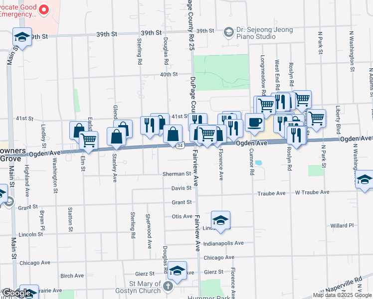 map of restaurants, bars, coffee shops, grocery stores, and more near 413 Ogden Avenue in Downers Grove