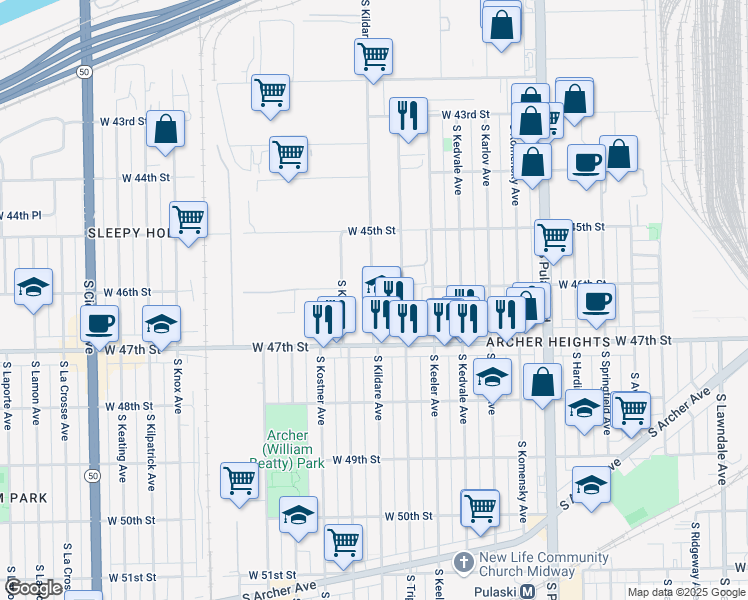 map of restaurants, bars, coffee shops, grocery stores, and more near 4601 South Kildare Avenue in Chicago