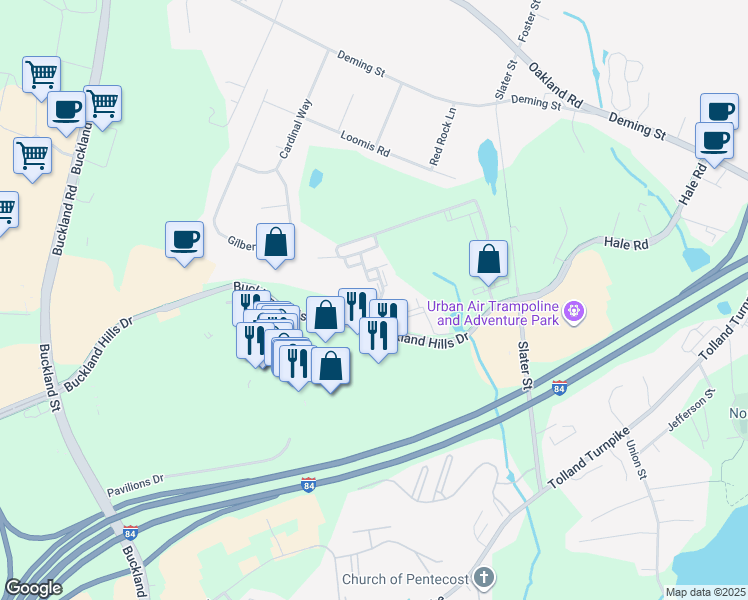 map of restaurants, bars, coffee shops, grocery stores, and more near 345 Buckland Hills Drive in Manchester