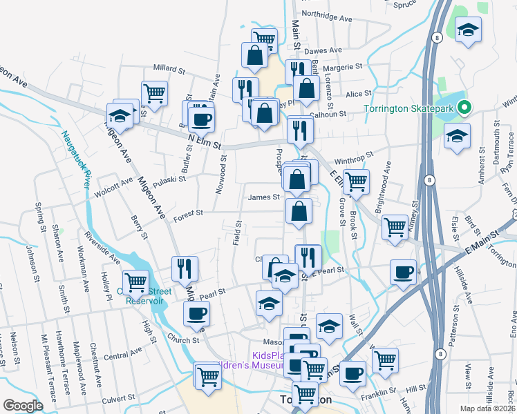 map of restaurants, bars, coffee shops, grocery stores, and more near 31 James Street in Torrington