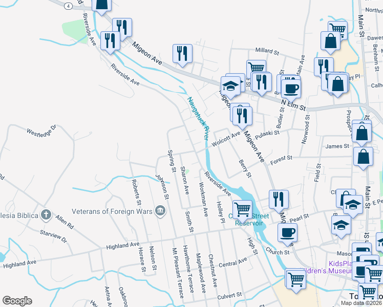 map of restaurants, bars, coffee shops, grocery stores, and more near 284 Riverside Avenue in Torrington