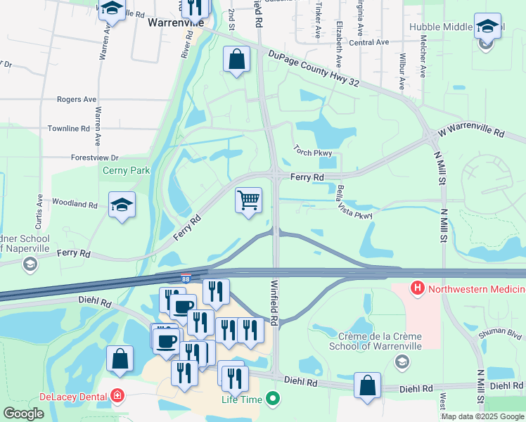 map of restaurants, bars, coffee shops, grocery stores, and more near 4300 Winfield Road in Warrenville